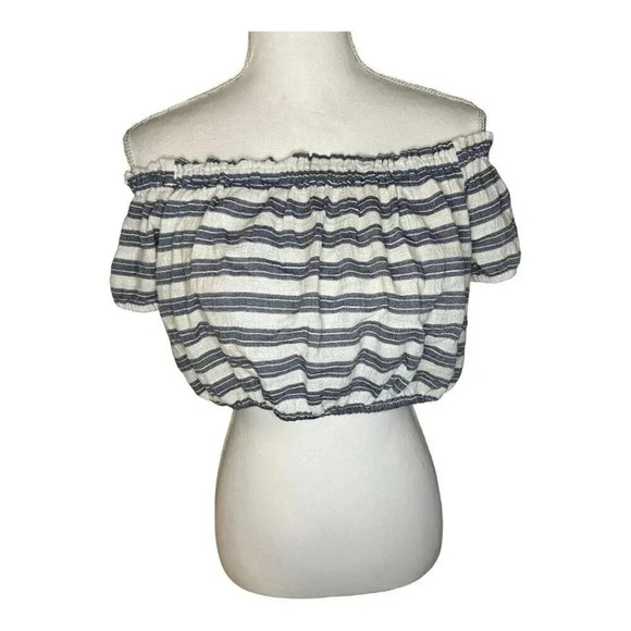 Aerie Size Medium Gray/Blue White Stripe Crop Top On/Off Shoulder Puff‎ Sleeve - Picture 1 of 6